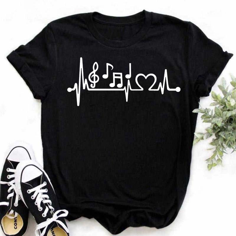 Neues Harajuku Lustiges Musiknoten-Kunst-T-Shirt mit 3D-Print, Damen-T-Shirt, Musik-Tops, kurze Ärmel, schwarzes T-Shirt