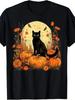 Halloween Schwarze Katze und Kürbisse Grafik T-Shirt - Herbstliches Blumendesign, Ganzjahreszeit