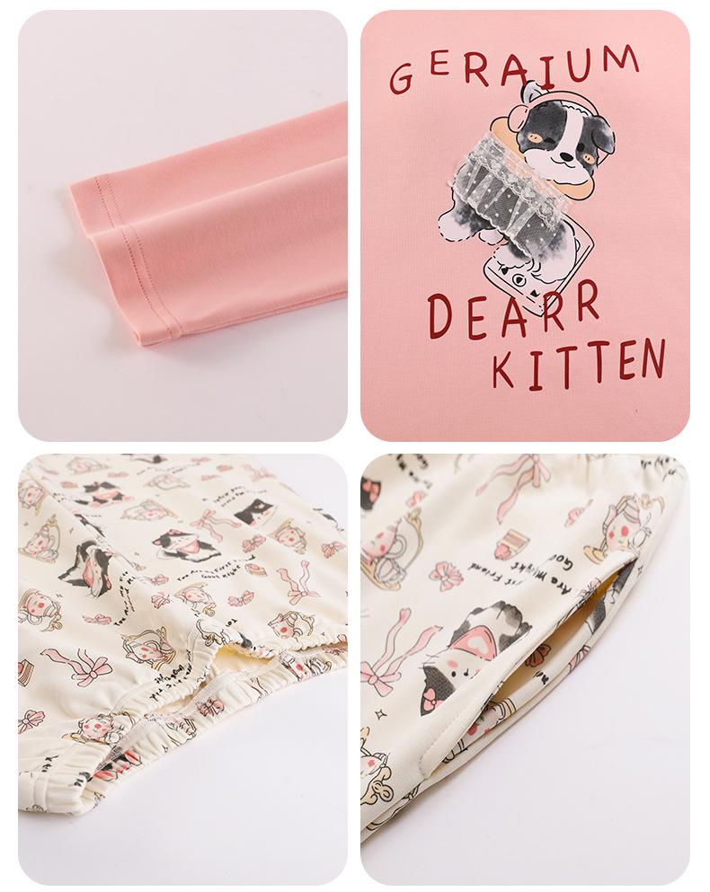 Womens Korean Style Cartoon Pajamas Set with Chest Pad - Long Sleeve, Cute Home Wear for Spring & Autumn (2025)