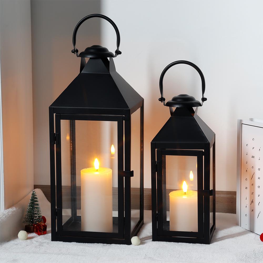 Set of 2 Vintage Metal Black Candle Holder with Tempered Glass for Events Wedding