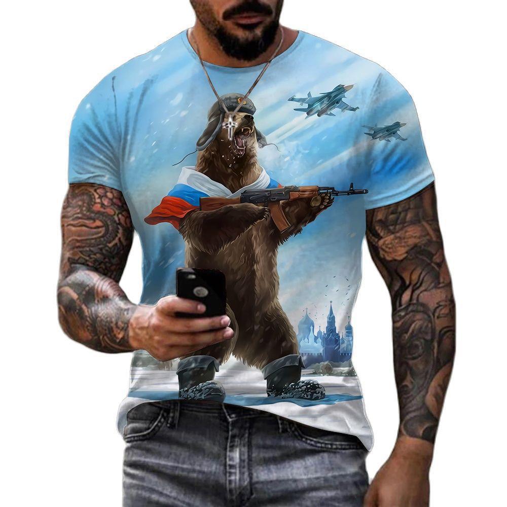 Summer Round Neck 3D Russian Bear Print Top Fashionable Casual Short Sleeved Men's T-shirts
