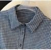 Korean Spring Casual Plaid Blue Women's Cropped Waist-Cinching Long Sleeve Shirt