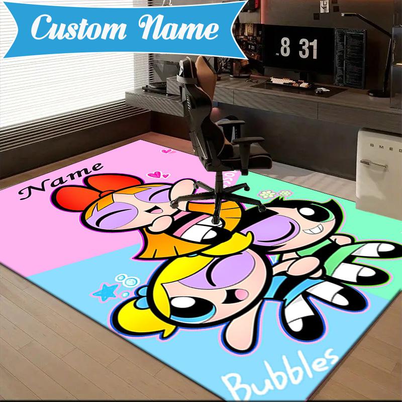 Op Maat Naam Powerpuff Avontuur Vloerkleed Spel Tapijt, Vloermat voor Slaapkamer Woonkamer Entree Tapijt, Woondecoratie Idee Cadeau voor Kerstmis verjaardag