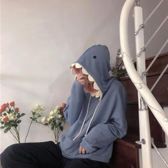 Fun Shark Patch Hooded Sweater Cozy And Stylish Sporty Casual Loose Trendy Couple's Pullover for Autumn