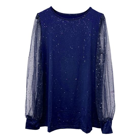 Tricou pentru femei, cu gât rotund, cu sclipici, cu mâneci lungi, cu mâneci lungi, de culoare solidă, cu croiala lejeră, maiuri casual, ținute zilnice