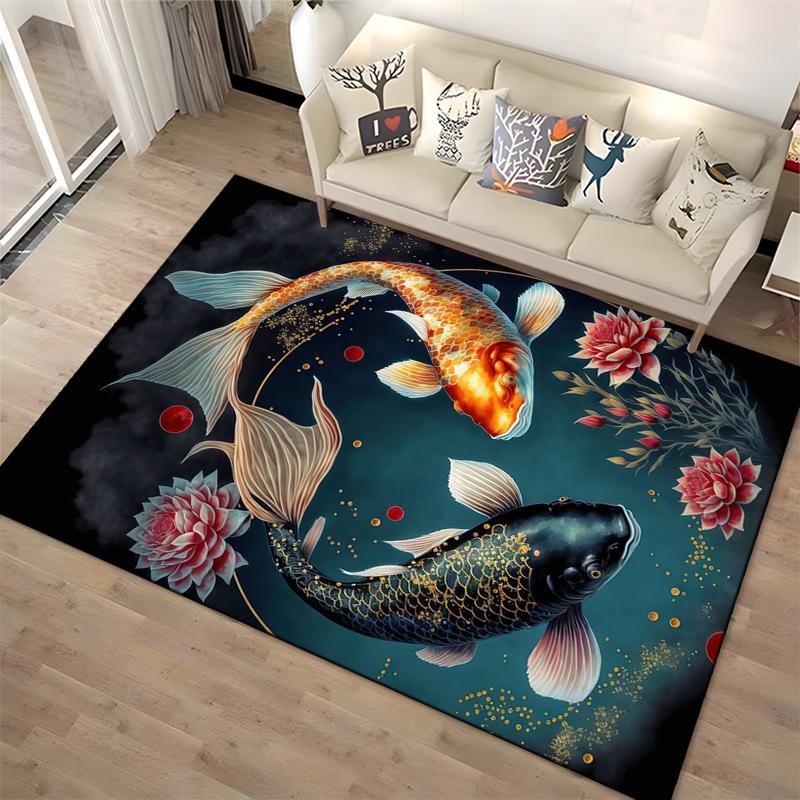 Koi Fish and Lotus Floral Pattern Carpet for Living Room Decor Suitable for Use As an Anti-slip for Living Room Bedroom Sofas