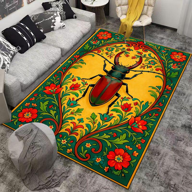 Colorful Beetle and Floral Pattern Carpet with Vibrant Yellow Background Suitable for use as an anti-slip for living room bedroom sofas