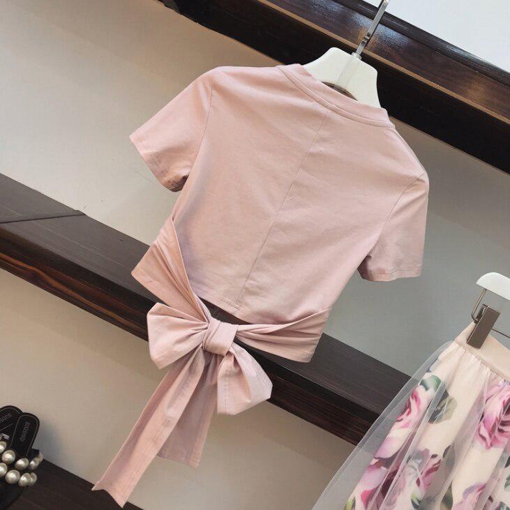 Women Irregular T Shirt+Mesh Skirts Suits Bowknot Solid Tops Vintage Floral Skirt Sets Elegant Woman Two Piece Set