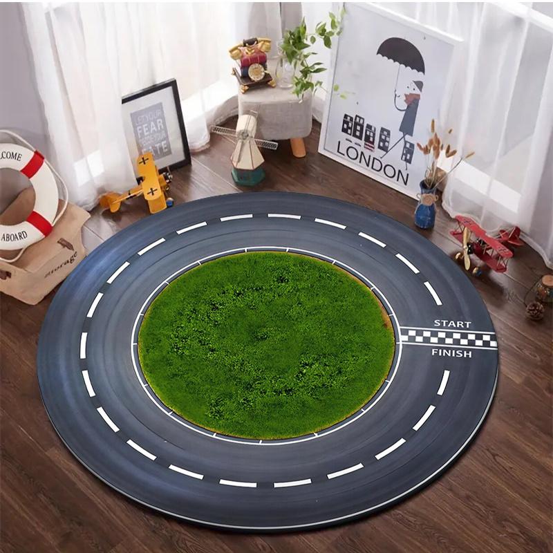 Vintage Racetrack Round Rug Start Finish Line Print NonSlip Floor Mat for Kids Room Playroom Patio Outdoor Home Decor