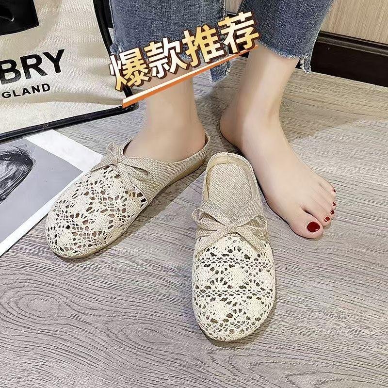 Slippers women 2025 new summer versatile outer wear mesh breathable non-slip linen cotton bag head half slippers sandals women