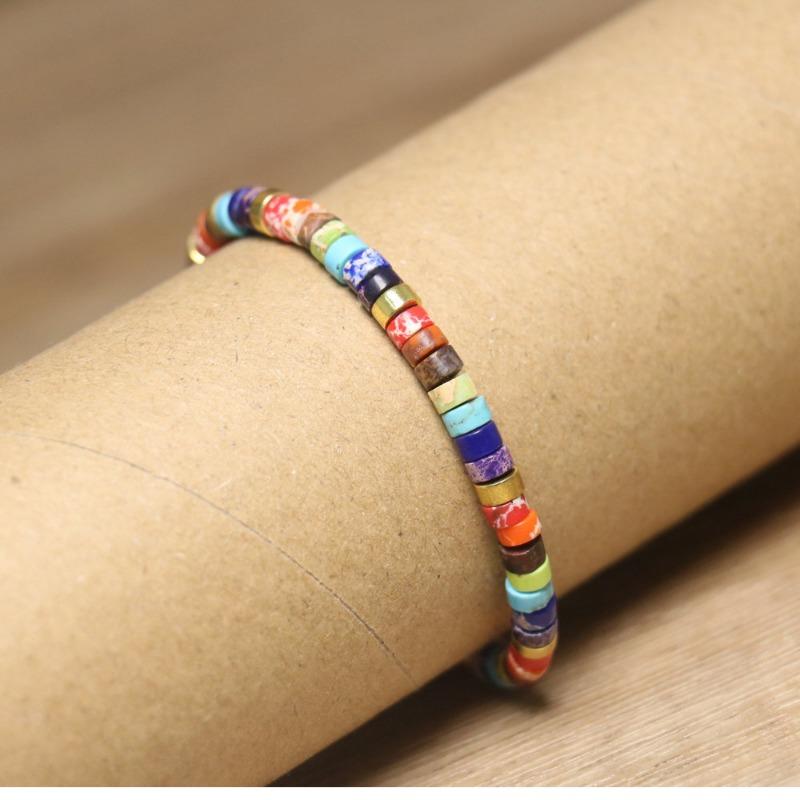 Regenboog Chakra Heishi Kralen Armband – Gouden Accent Verstelbare Boho Sieraden, Balans Vreugde Cadeau voor Mannen & Vrouwen