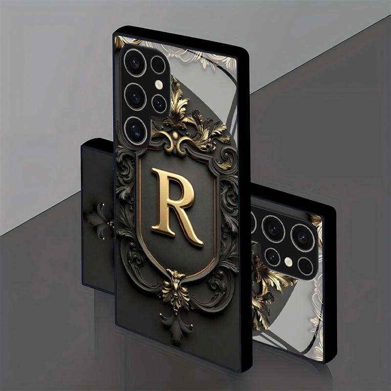 Golden Lucky Letter R Tempered Glass Phone Case Suitable for Samsung Galaxy S26 S25 S24 S22 S21 S20 FE/Ultra/Plus Anti Drop