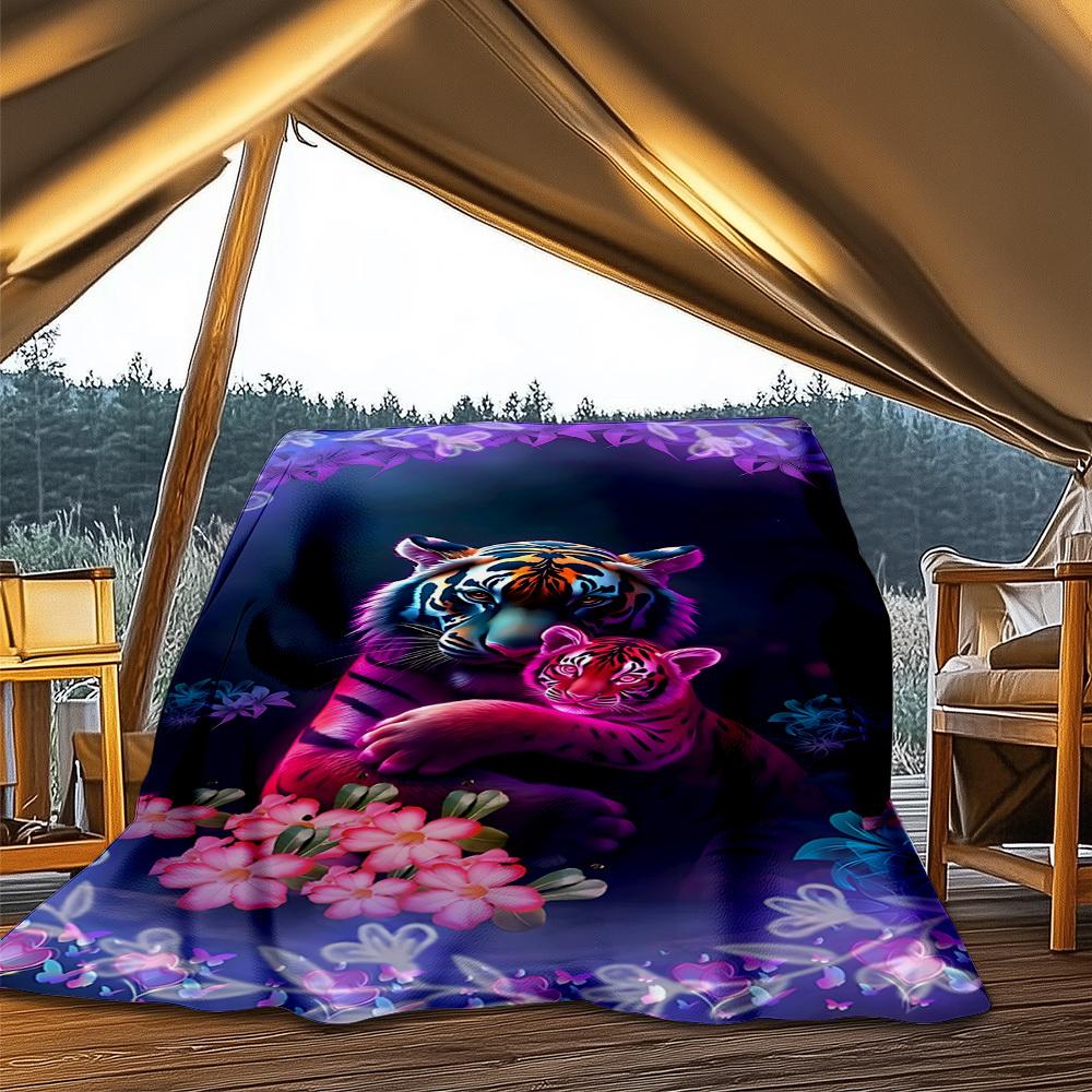 1 Stück Tiger-Blumen-Fantasy Outdoor Flanelldecke Weiche Ganzjahres-Polyester-Decke, Perfekt für Picknicks & Reisen, Picknickzubehör