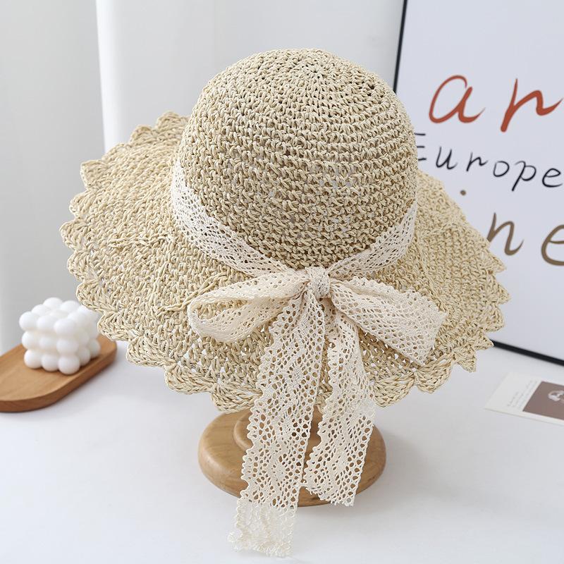 New Summer Beach Hat For Women Popular Wide Brim Straw Bucket Hat With Lace Butterfly Female Outdoor Sunscreen Cap Party Gift