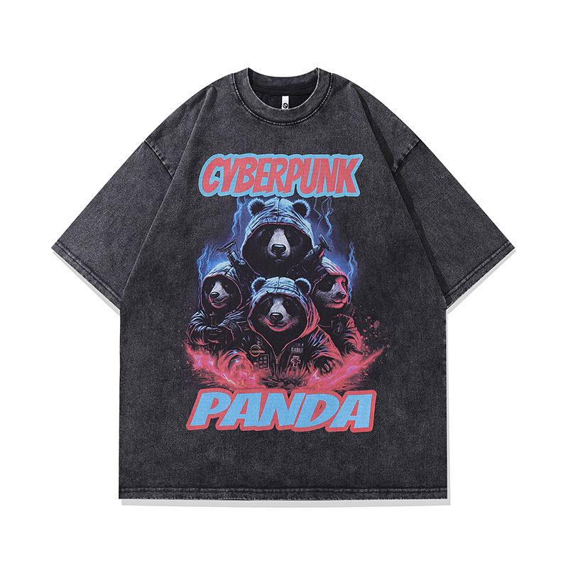 Harajuku Retro Anime Print Old Half-Sleeved T-Shirt Men'S Vintage Lazy Wind Wash Short-Sleeved Tee