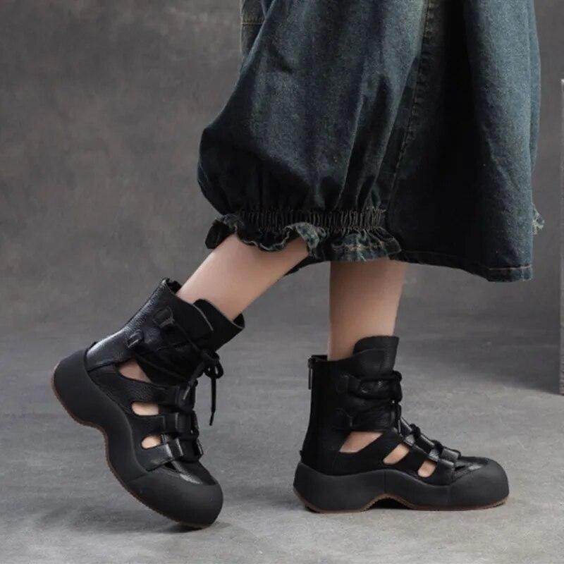 Johnature Fashion Sandals Genuine Leather Retro Hollow-out Breathable Summer Boots Versatile Women's Shoes