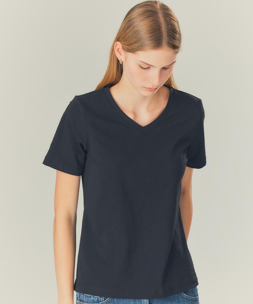 BASIC HOUSE Women'S V-Neck Stretch Slim Fit Short Sleeve T-Shirt Black Lats0204 (B Type)