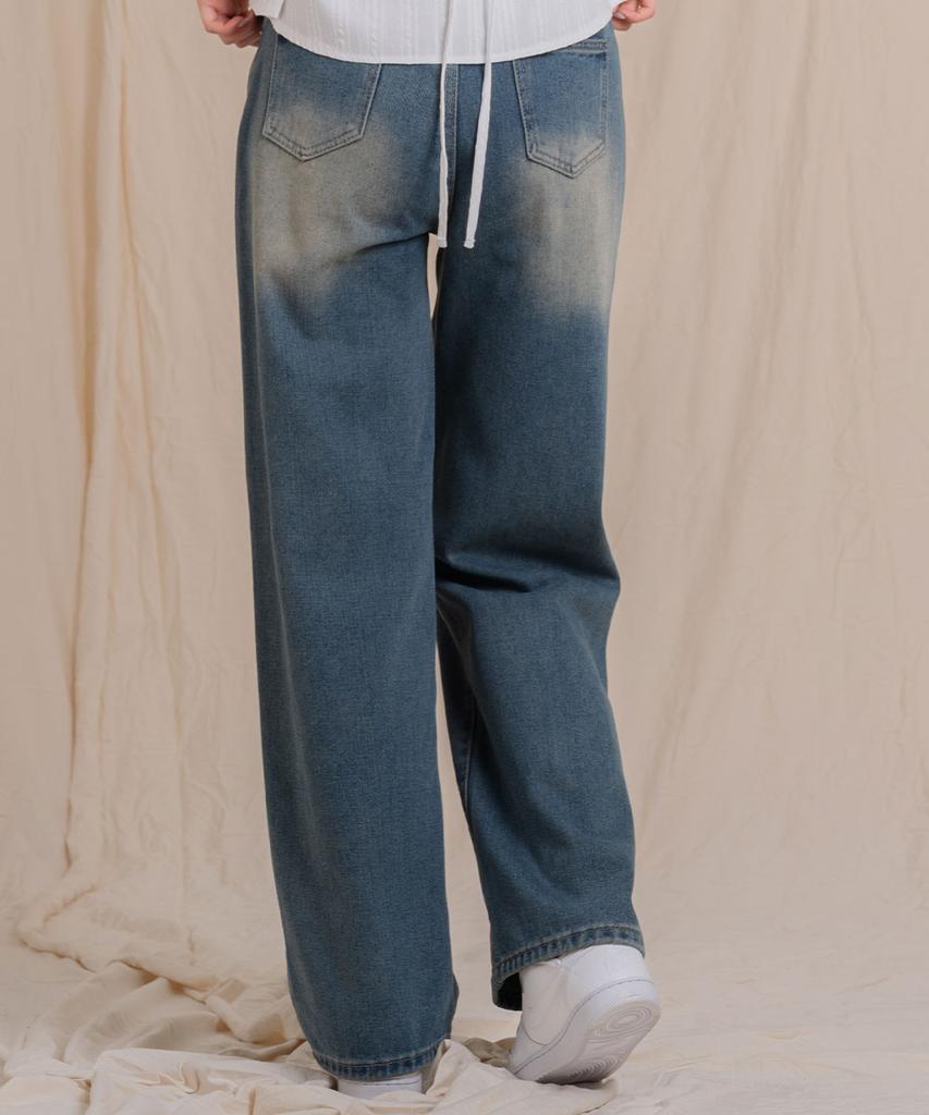 Ellamo 52_2 Women'S Washed Wide Half-Elastic Denim Pants (Short/Standard/Long)_Vintage Yellow