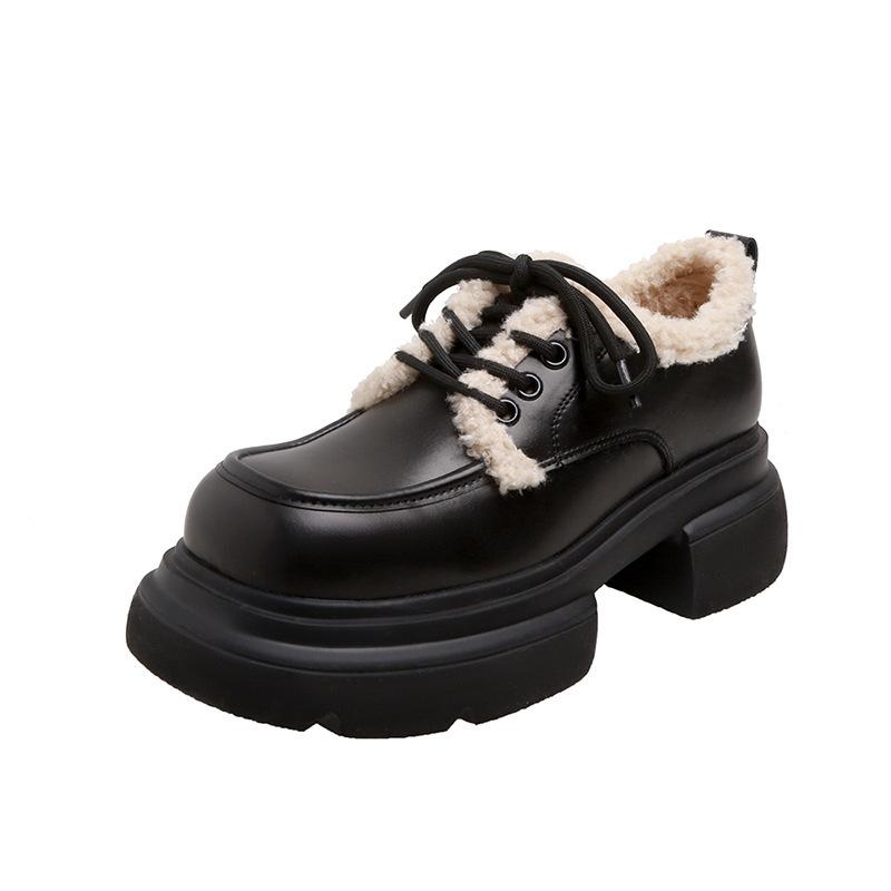 Small Fluffy Shoes Plush Women's Shoes Platform Shoes Lace-up Leather British Casual Small Leather Shoes