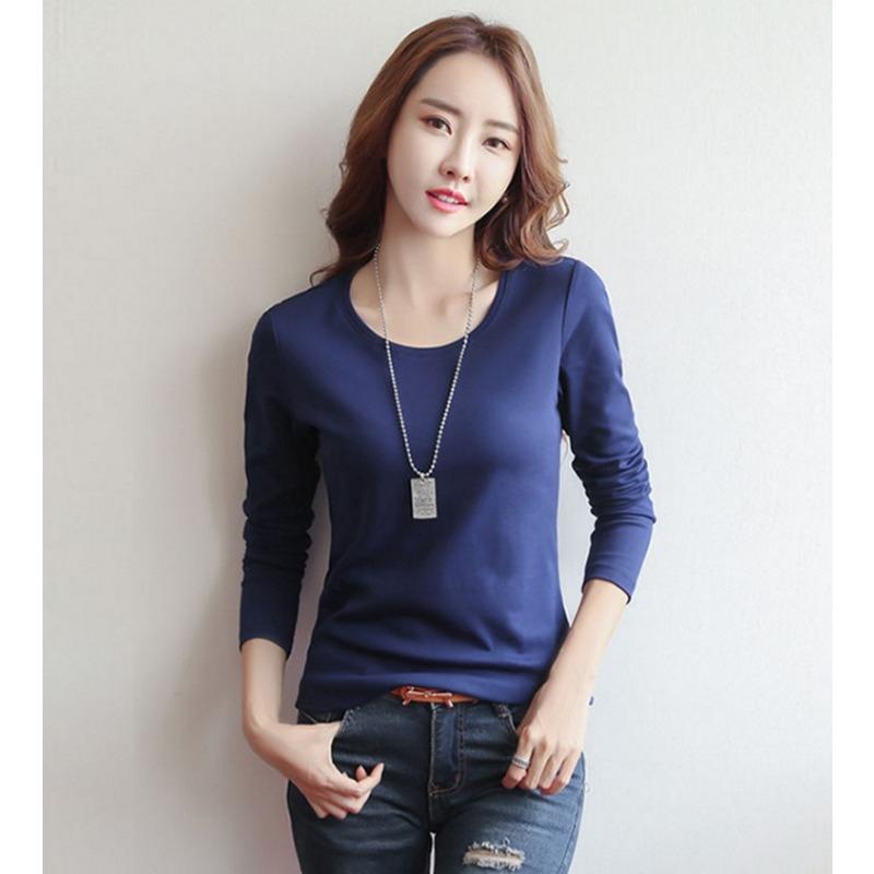 Dames T-shirt met ronde hals, effen kleur en lange mouwen