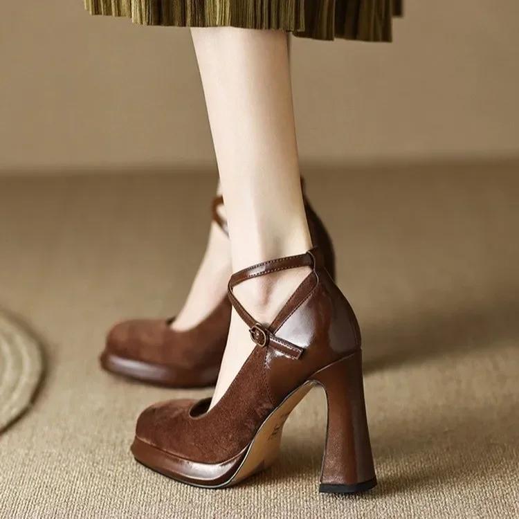 Modne Damskie Jesienne Obuwie Buty na Obcasie Kobieta2024 Eleganckie Vintage Lolita Mary Jane Buty Okrągły Nosek Masywne Wysokie Obcasy Buty na Imprezę