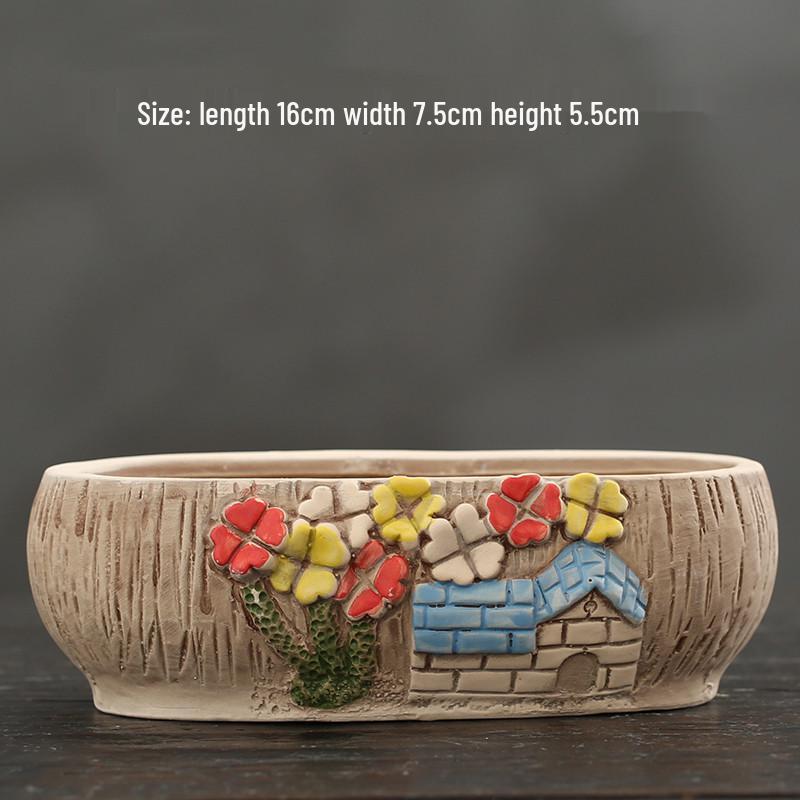 Cartoon Coarse Pottery Large Ceramic Succulent Planter with Picture Book Style