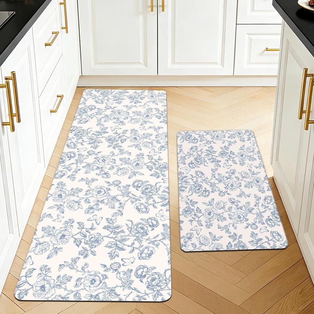 2PC Mediterranean French Lemon Kitchen Rug Set Non Slip Absorbent Oil Proof Runner Mat Nordic Style Cabinet Floor Decor