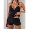 Vara Solid Negru Decolteu în V Gât Legat la Spate Deschis Tankini Topuri Vestă Două Piese Pantaloni Scurți Costum de Baie Vacanță Corset Haine de Plajă Costume de Baie