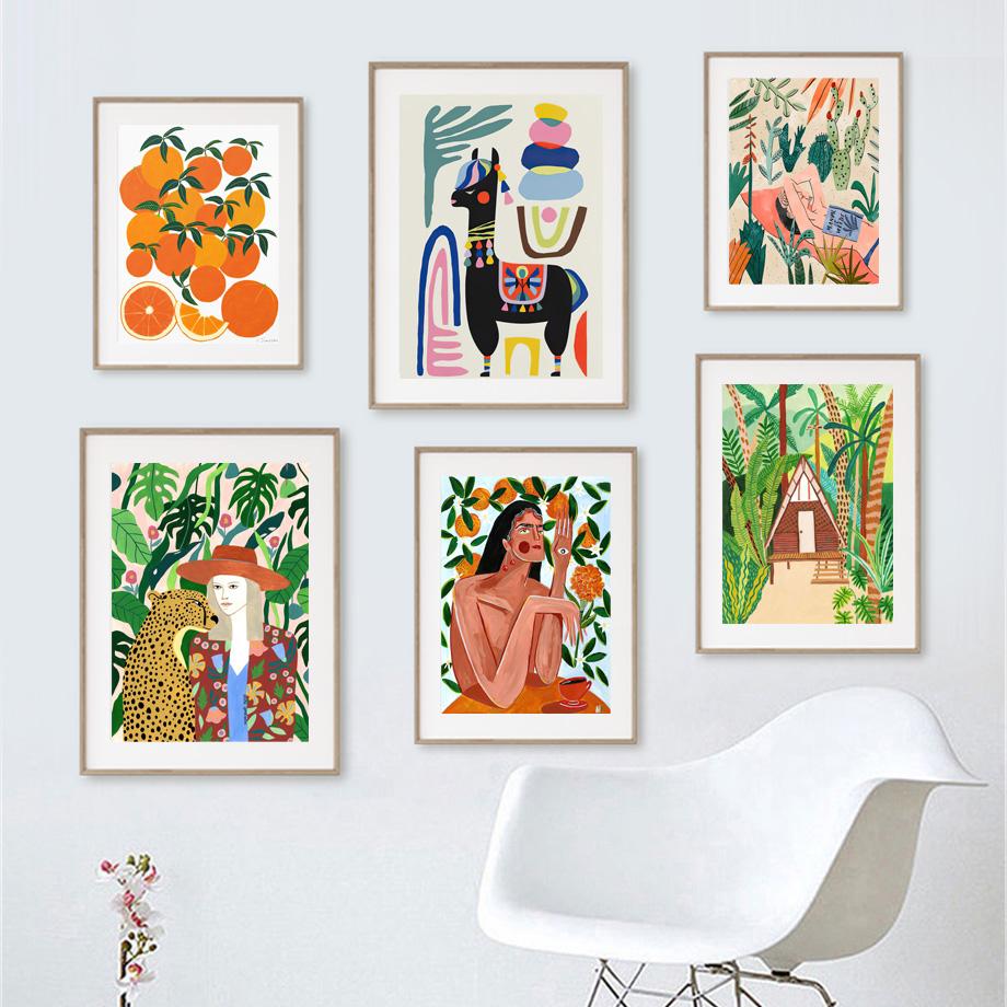 Menina lhamas leopardo tigre laranja vintage tribo cartazes e impressões arte da parede pintura em tela fotos de parede para sala estar decoração sem moldura