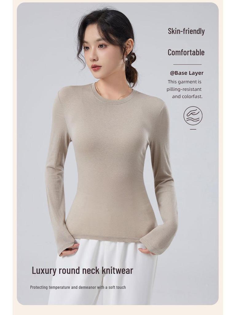 New Autumn/Winter Modal Wool Crew Neck Base Layer Top - White Long Sleeve Shirt