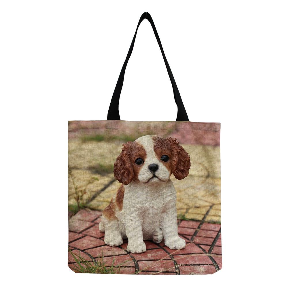 Women Vintage Linen Tote Bag - Large Capacity Dog Print Shoulder Handbag for Casual & Grocery Shopping KTB