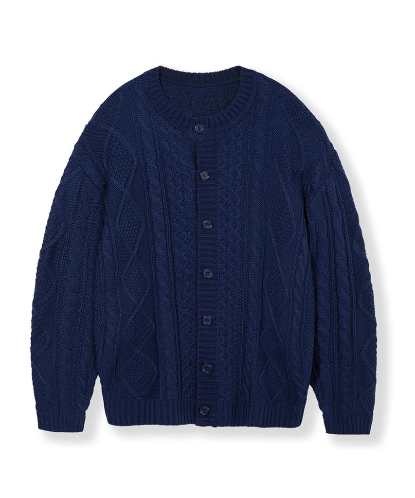Nodu Fisherman Cable Round Neck Semi-Oversized Long Sleeve Knit Cable Knit Cardigan [Navy]