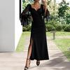 Women's V Neck Maxi Dress Sexy Mesh Long Lantern Sleeve Slit Long Evening Dress
