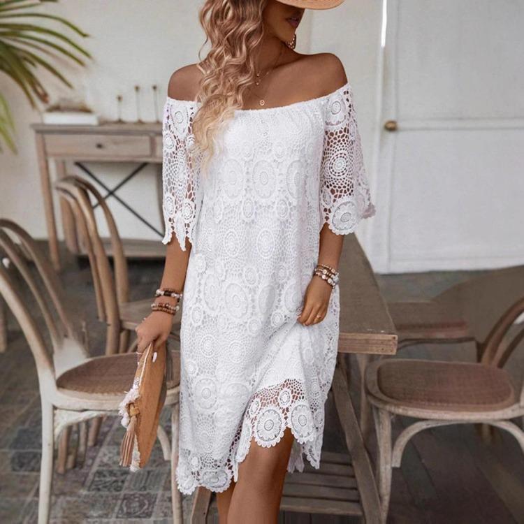 Women Summer Casual White Lace Embroidered Hollow Design Flat Shoulder One Piece Dress