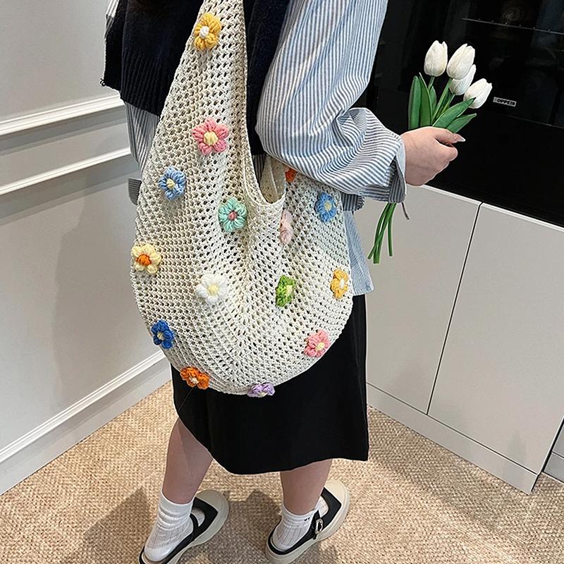 Sac à Bandoulière en Tricot Fleur pour Femme Sac à Main Léger Sac Cabas au Crochet Sac à Main à Poignée Supérieure Décontracté Sac de Voyage d'Extérieur