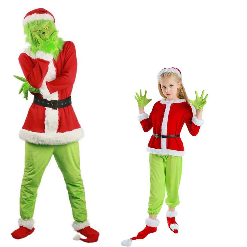 Grinch Green Costume For Adults And Kids Christmas Costumes Party Outfit With Mask Headpiece For Holiday Festivities