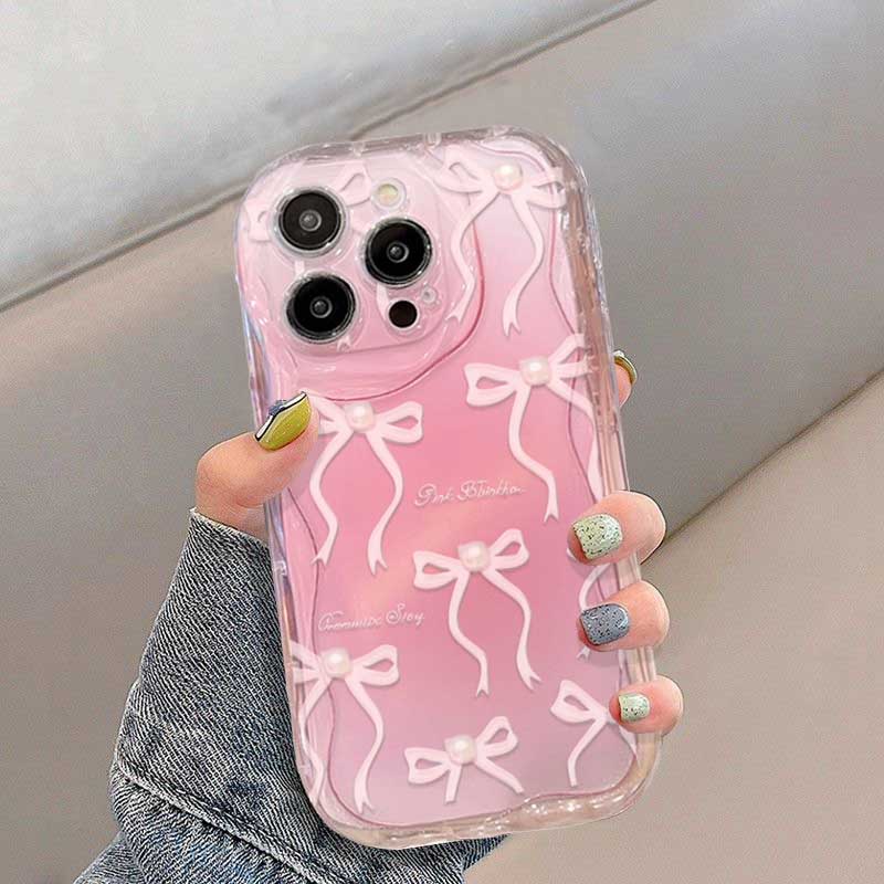 Cute Pink Bow Love Chian Strap 3D Wave Case For Infinix Note 50 Pro 30 40 GT 30 Pro Hot 50 Pro 40i 30 Play Smart 9 8 Cover Silic