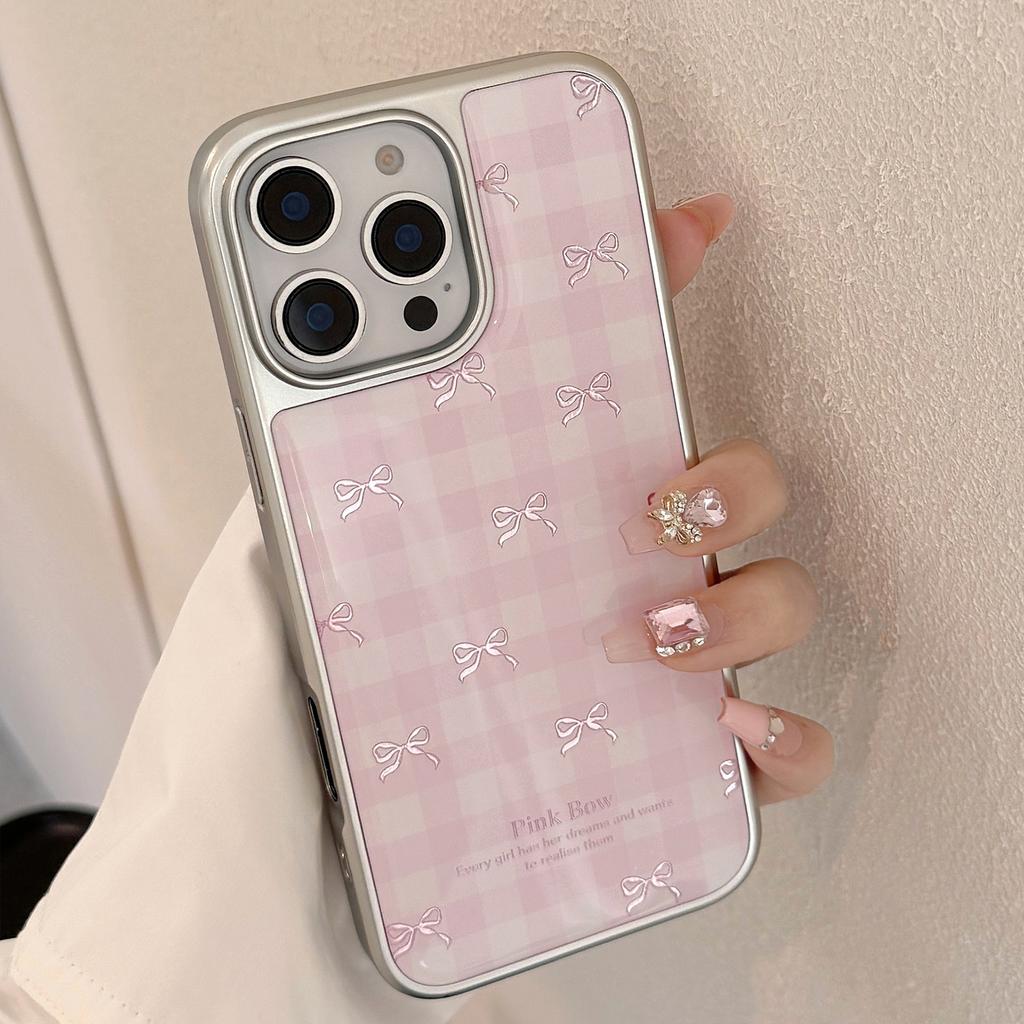 Vergoldet für Apple 17promax Handyhülle für IPhone 16 Rosa Gitter Schleife 13 Vergoldet 14 Hart für Huawei