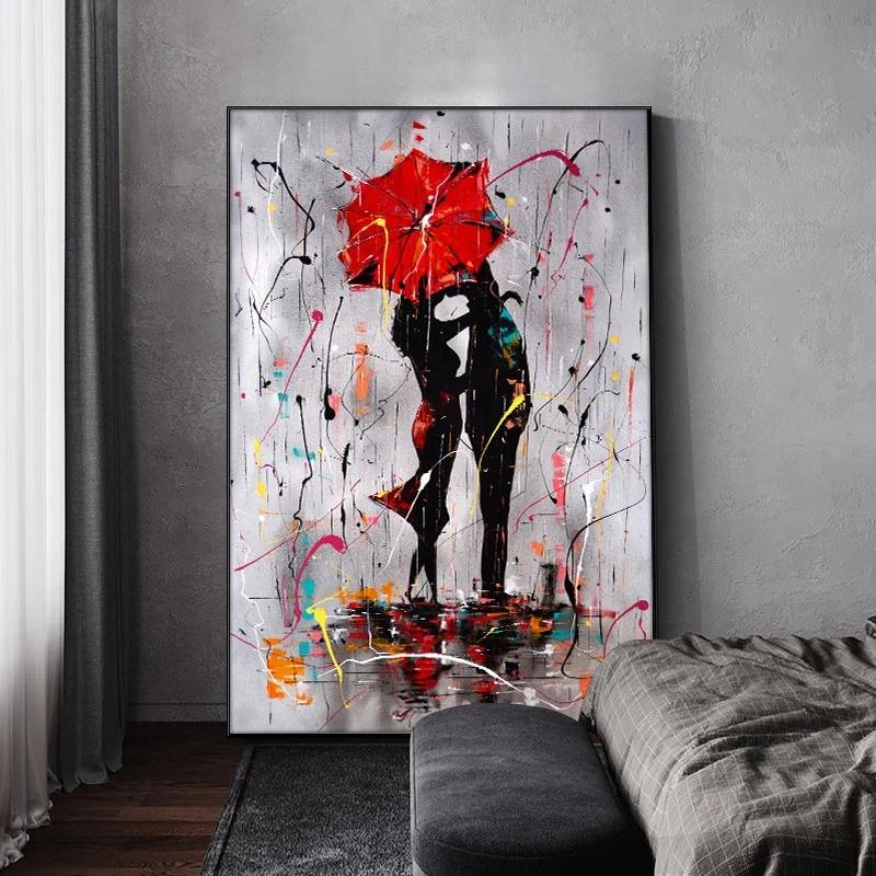 Abstract Red Lovers Umbrella Oil Painting Canvas Painting Cuadros Posters Print Wall Art for Living Room Home Decor (No Frame)
