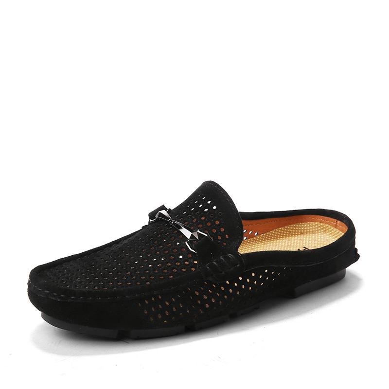 Men Slippers Suede Leather Men Half Slippers Hollow Breathable Anti-slip Sandals Men Casual Beach Summer Flats Comfortable Shoes