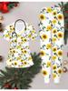 3D Flower Printed Women's Nurse Uniform Set Short Sleeve Long Pants with Pocket Casual Fashionable Christmas Gift