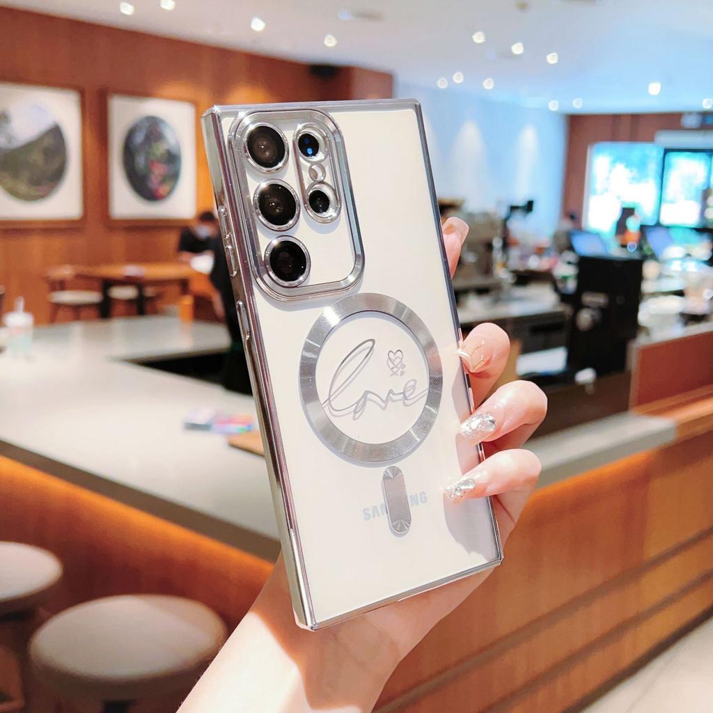 Electroplated magnetic transparent love mobile phone case is suitable for Samsung S24ULTRA lens film S24 advanced sense S23FE