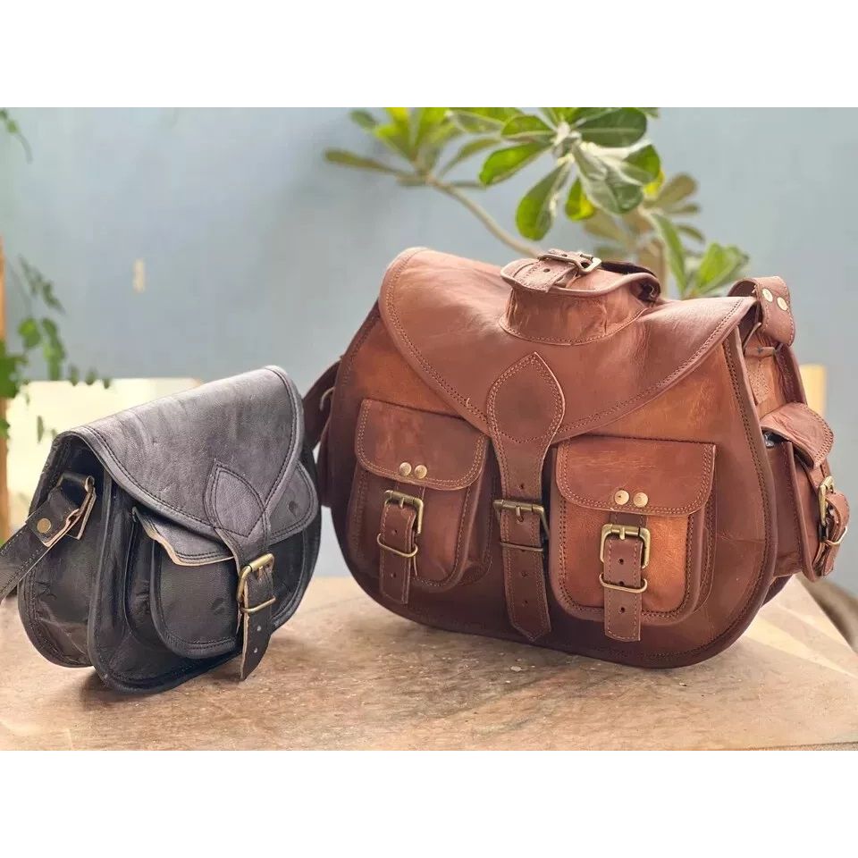 Vera Pelle di Capra Vintage Messenger da donna Borsa a Spalla Portamonete Nero in Omaggio