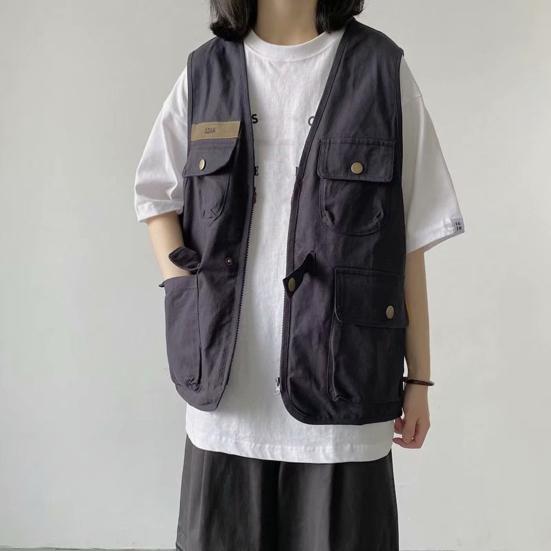 Unisex Casual Waistcoat Sleeveless Multi Pockets Design Vest Coat Zipper Buttons Closure Jacket Cargo