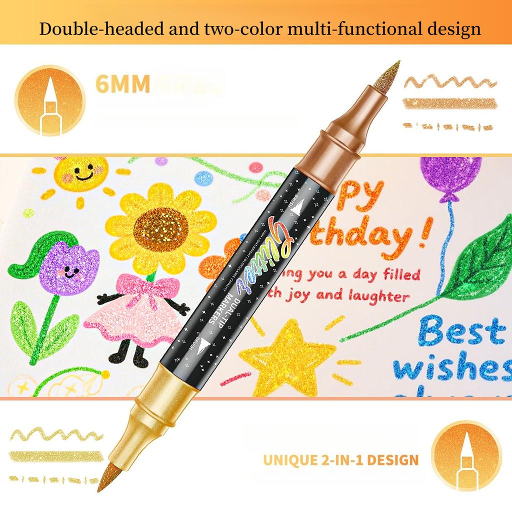1BOX/12pcs/24pcs/36pcs/48pcs Double Head Flash Pen Marker Soft Head Double Color Hair, Painting Flash Pen Watercolor Pen Stationery