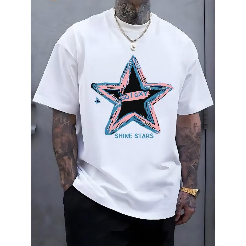 European Size Men's T-Shirt - Powder Blue Short Sleeve Crew Neck Top with Star & Galaxy, Machine Washable Casual Shirt Suitable for Summer Spring