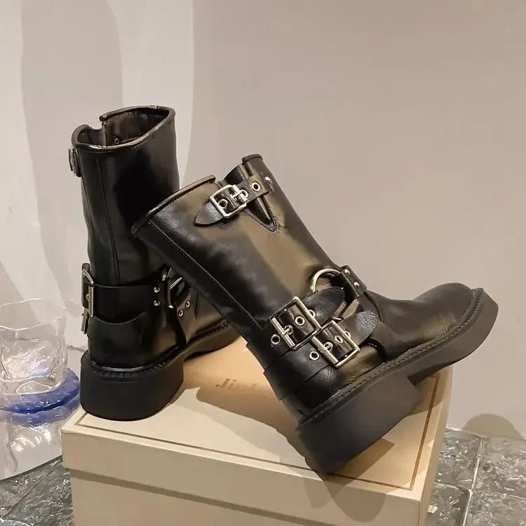 Coarse heeled female  British style retro square toe short boots with sleeves Western cowboy boots Knight boots