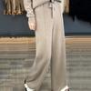 Wool Casual Pants Solid Color Straight Wide Leg Knitting Trousers with Drawstring High Waist Thickened Slacks