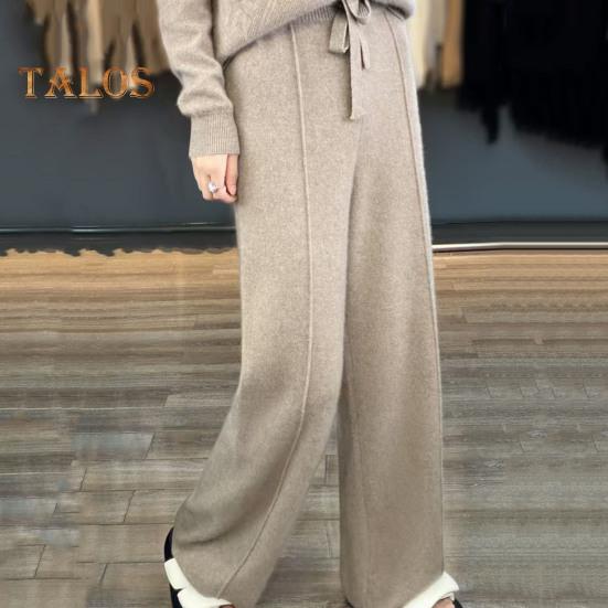 Wool Casual Pants Solid Color Straight Wide Leg Knitting Trousers with Drawstring High Waist Thickened Slacks