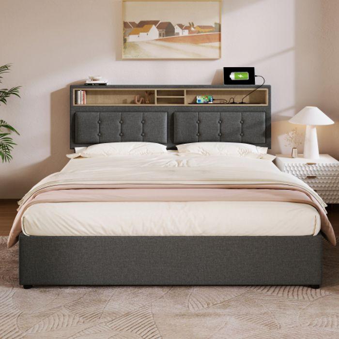 Lit double - MUVOE - 140x200 cm - Tête de lit réglable - Prise USB intégrée - Rangement spacieux